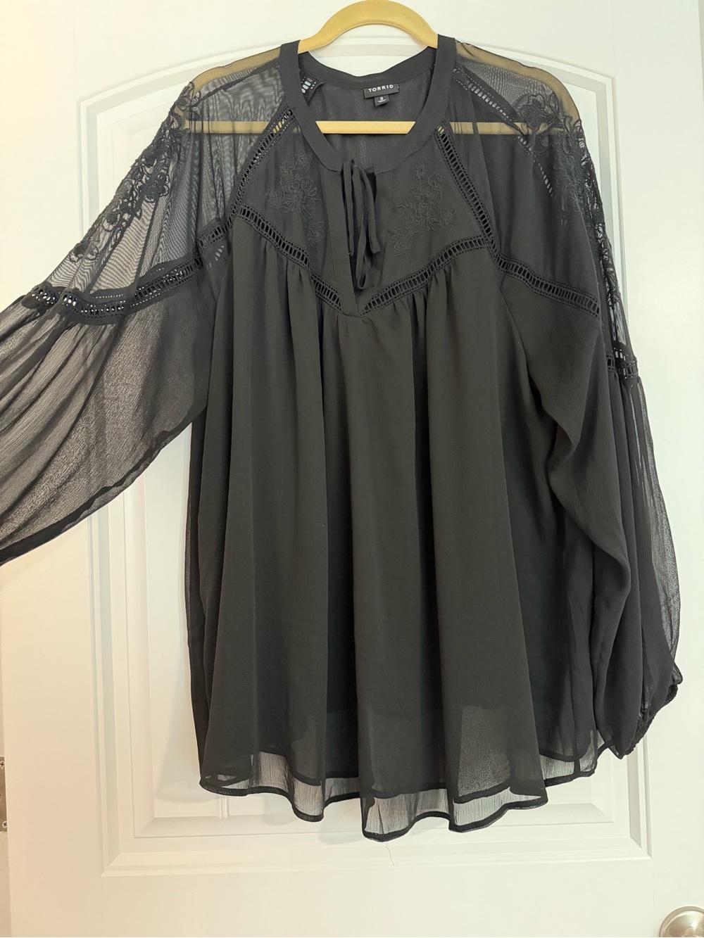 torrid Black Lace Yoke Tie-Front Peasant Tunic